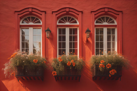 Red wall with windows and vases with. generative aiの素材
