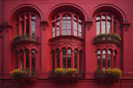 Red building with windows and plants in New York City, generative aiの素材