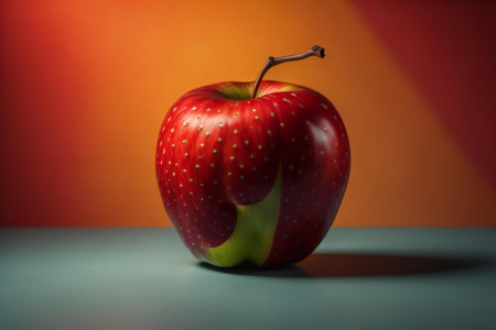 Red apple on orange background. ai generatedの素材