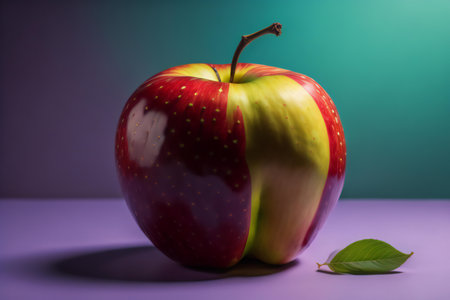 Red and yellow apple with green leaf on purple background. Concept of healthy eating. ai generatedの素材