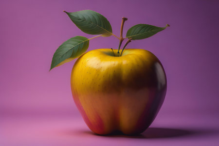 Ripe apple with green leaves on a purple background. ai generatedの素材