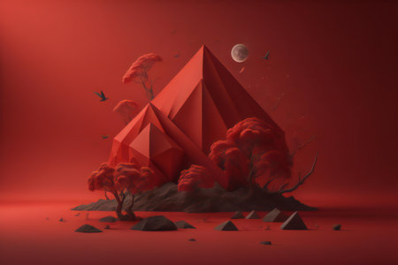 red polygonal landscape with trees and mountains. generative aiの素材