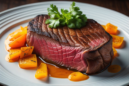 Roast beef with pumpkin and parsley on a white plate. generative aiの素材