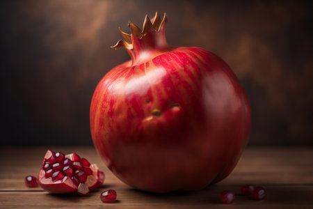 Ripe pomegranate fruit on wooden table, closeup. ai generatedの素材