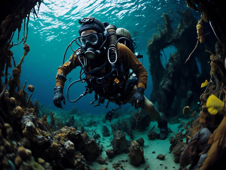 Scuba diver exploring the underwater world in a tropical coral reef. generative aiの素材