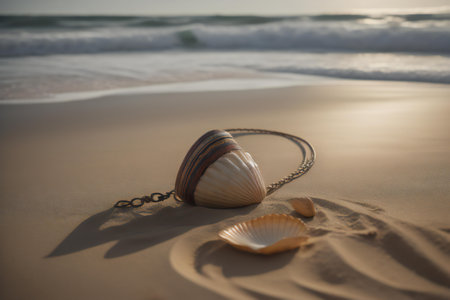 Seashells and necklace on the beach in the morning. generative aiの素材