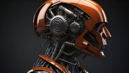 robot or cyborg head with gear wheels on black background. generative aiの素材