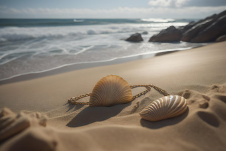 Shells on the beach with sea and waves in the background. generative aiの素材