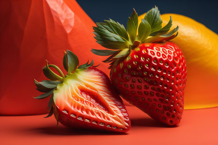 Strawberries on a red background. The concept of healthy eating. generative aiの素材