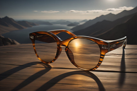 Sunglasses on a wooden table in the mountains. generative aiの素材
