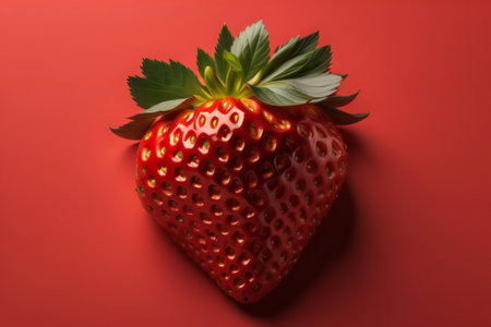 Strawberry with leaf on red background. Flat lay, top view. ai generatedの素材