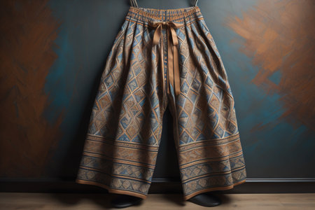 Stylish female pants on wooden table against dark wall, closeup. generative aiの素材