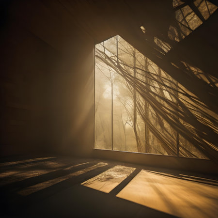 Sunlight entering through the window in a dark room with wooden floor. generative aiの素材