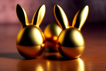 Three golden easter eggs with bunny ears on wooden background. generative aiの素材
