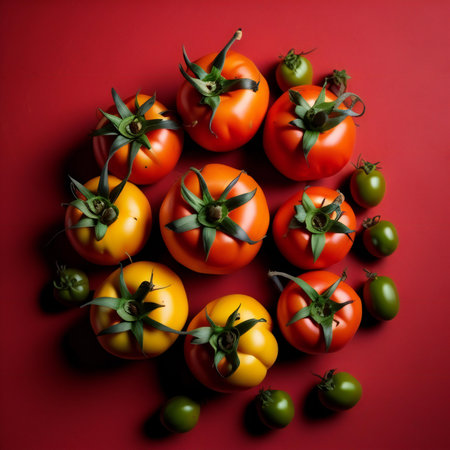 Tomatoes on a red background. Flat lay, top view. generative aiの素材