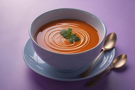 Tomato soup with cream in a blue bowl on a purple background. generative aiの素材
