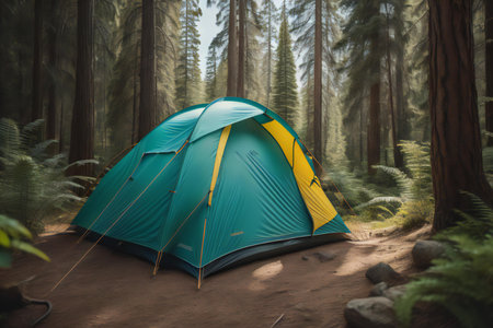 Tourist tent in the forest. Camping in the forest. generative aiの素材