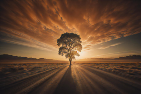 Tree on the road in the desert at sunset. generative aiの素材