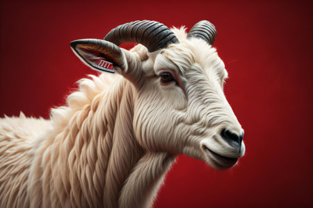 White goat with horns on a red background, close-up. generative aiの素材