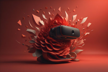 Virtual reality headset with abstract flower on red background. generative aiの素材