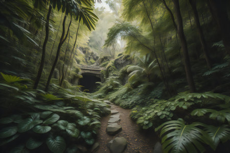 Walkway in tropical rainforest. Nature background. Travel concept. generative aiの素材