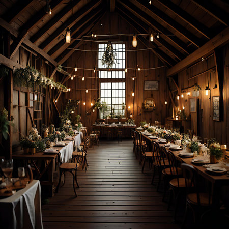 Wedding Banquet hall with tables and chairs for guests. generative aiの素材