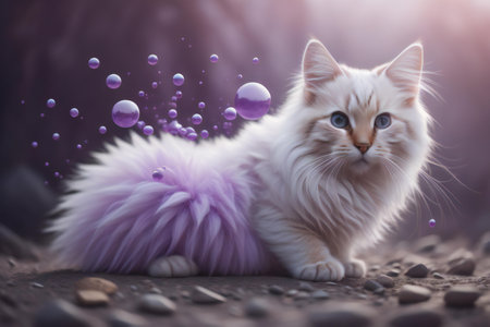 White cat with blue eyes and pink fur sitting on a rock with bubbles. generative aiの素材