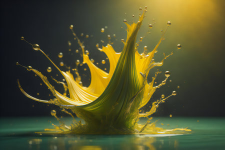 yellow paint splashing isolated on black background. ai generatedの素材
