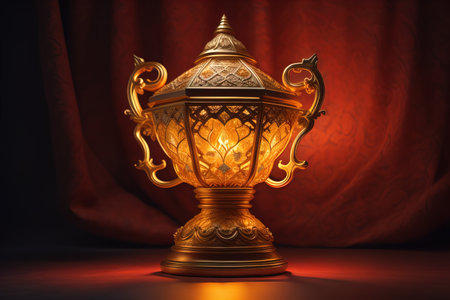 Lantern on a wooden table and a dark background. ai generativeの素材