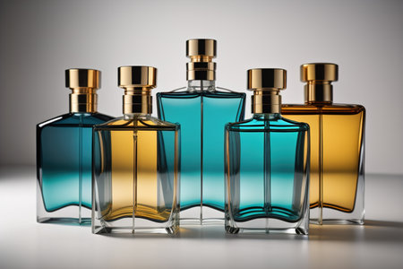 Creative and brandless Perfume bottle and flower on the wooden table, closeup. ai generativeの素材