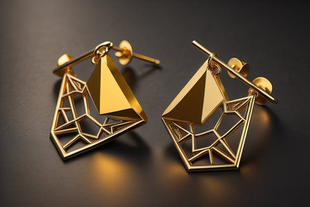 Earrings made of gold on a solid color background close up. ai generativeの素材