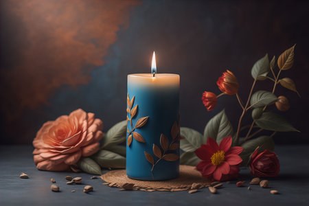 Burning aroma candle on wooden table against solid color background, copyspace. ai generativeの素材