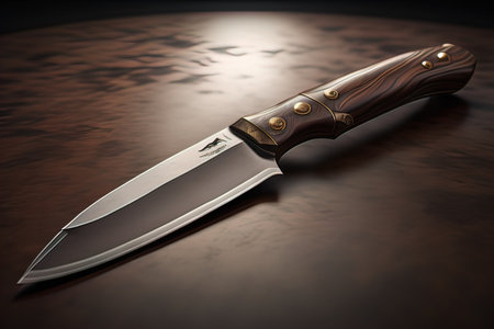 Knife with wooden handle on a wooden table. ai generativeの素材