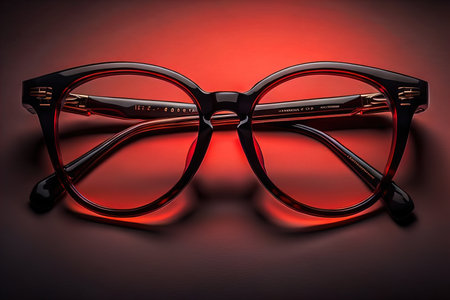 Stylish glasses on wooden table. Fashionable eyeglasses. ai generativeの素材