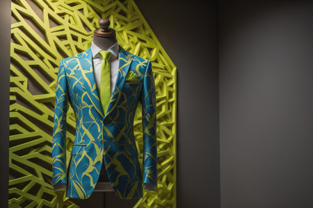 Stylish suits on mannequins on solid color background, closeup. ai generativeの素材
