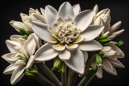 Bouquet of snowdrops on a black background. Studio photography. ai genrativeの素材