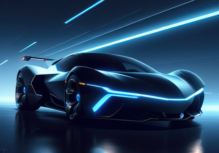 Futuristic black sports car in neon light. ai generativeの素材