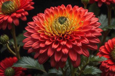 Beautiful yellow dahlia flower on dark background, closeup. ai generativeの素材