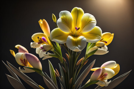 Bouquet of crocus and tulips on solid color background. ai generativeの素材