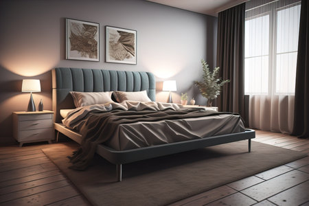 Modern bedroom interior design with gray walls, wooden floor, comfortable king size bed with two pillows. ai generativeの素材