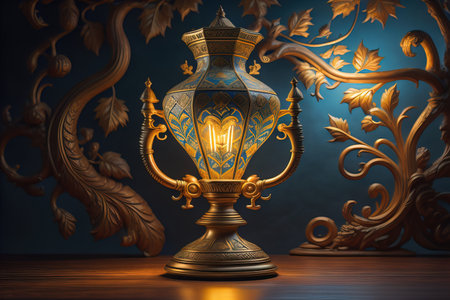 Lantern on a wooden table and a dark background. ai generativeの素材