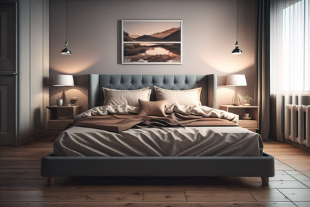 Modern bedroom interior design with gray walls, wooden floor, comfortable king size bed with two pillows. ai generativeの素材