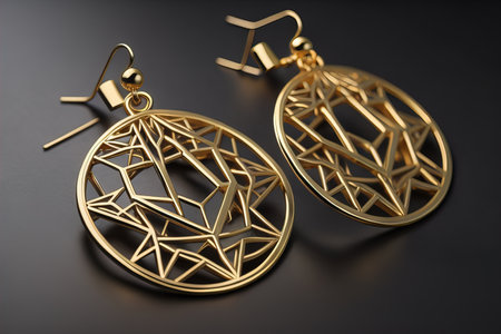 Earrings made of gold on a solid color background close up. ai generativeの素材