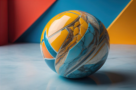 Colorful marble ball on a solid colour background. Close-up. ai generativeの素材