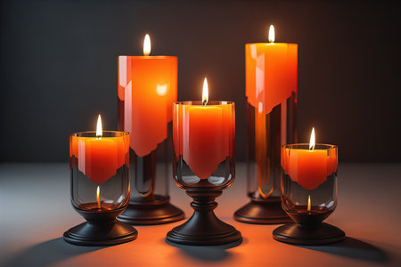 Burning candles in glasses on wooden table, closeup. Space for text. ai generativeの素材