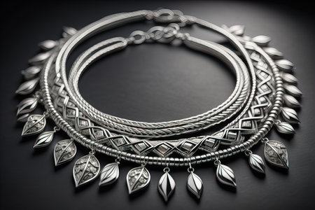 Silver necklace on a solid color background in close-up. ai generativeの素材