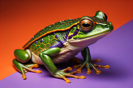 European tree frog, Hyla arborea isolated on solid colour background. ai generativeの素材