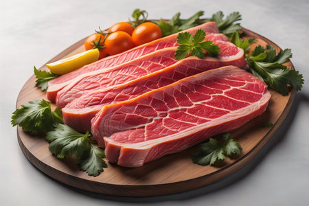 Raw beef sirloin steak with ingredients for cooking on wooden background. ai generativeの素材