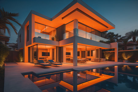 modern cozy house with pool and parking, luxurious style and beautiful landscaping on background. ai generativeの素材