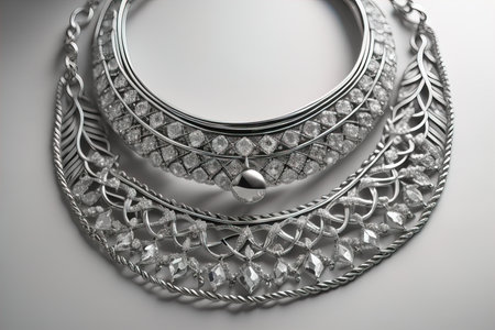 Silver necklace on a solid color background in close-up. ai generativeの素材